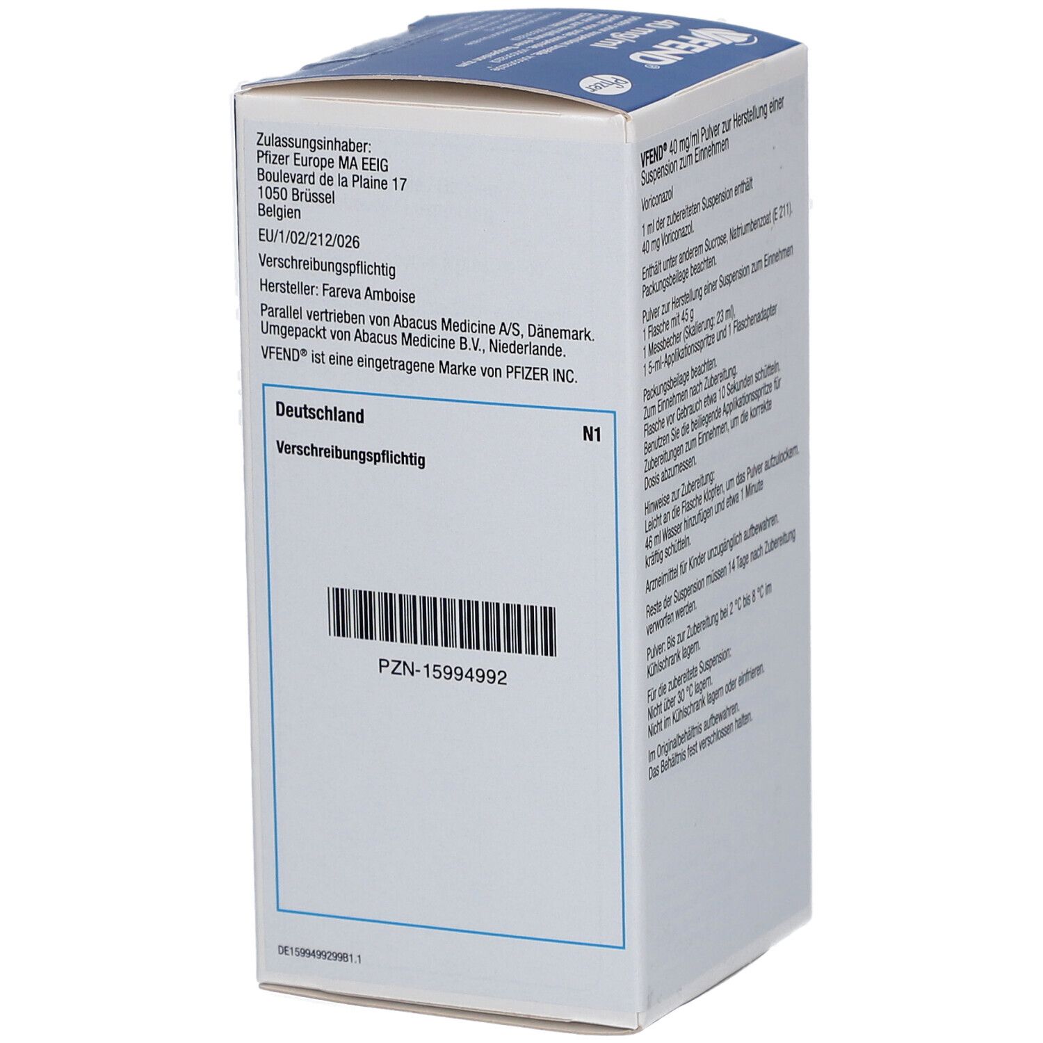 Seitenansicht der VFEND-Verpackung. Informationen zum Hersteller und zur Zulassung. Barcode und Pfizer-Logo.