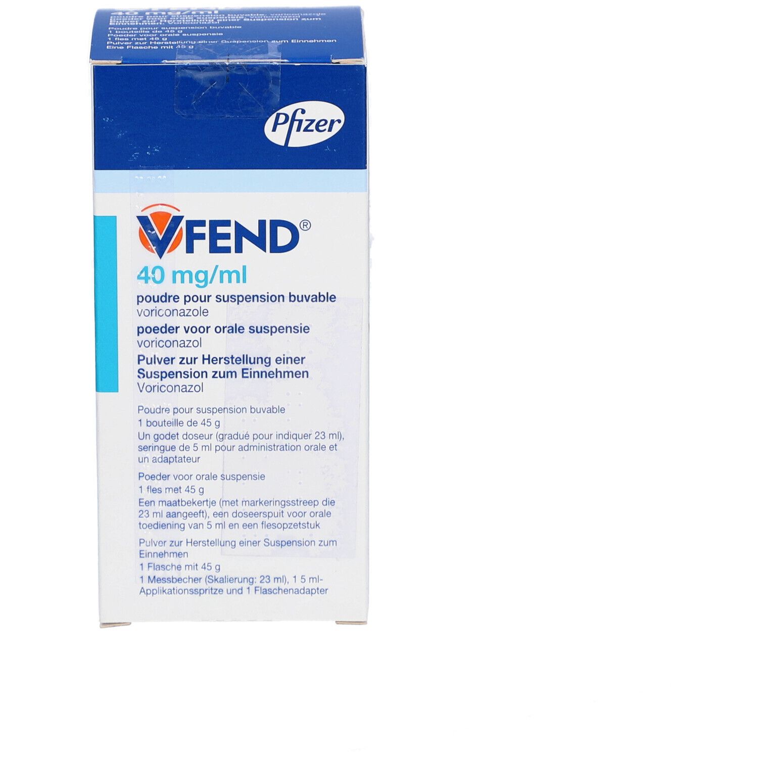 VFEND 40 mg/ml Pulver zur Herstellung einer Suspension zum Einnehmen. Weiße Faltschachtel mit blauer Schrift und Pfizer-Logo.