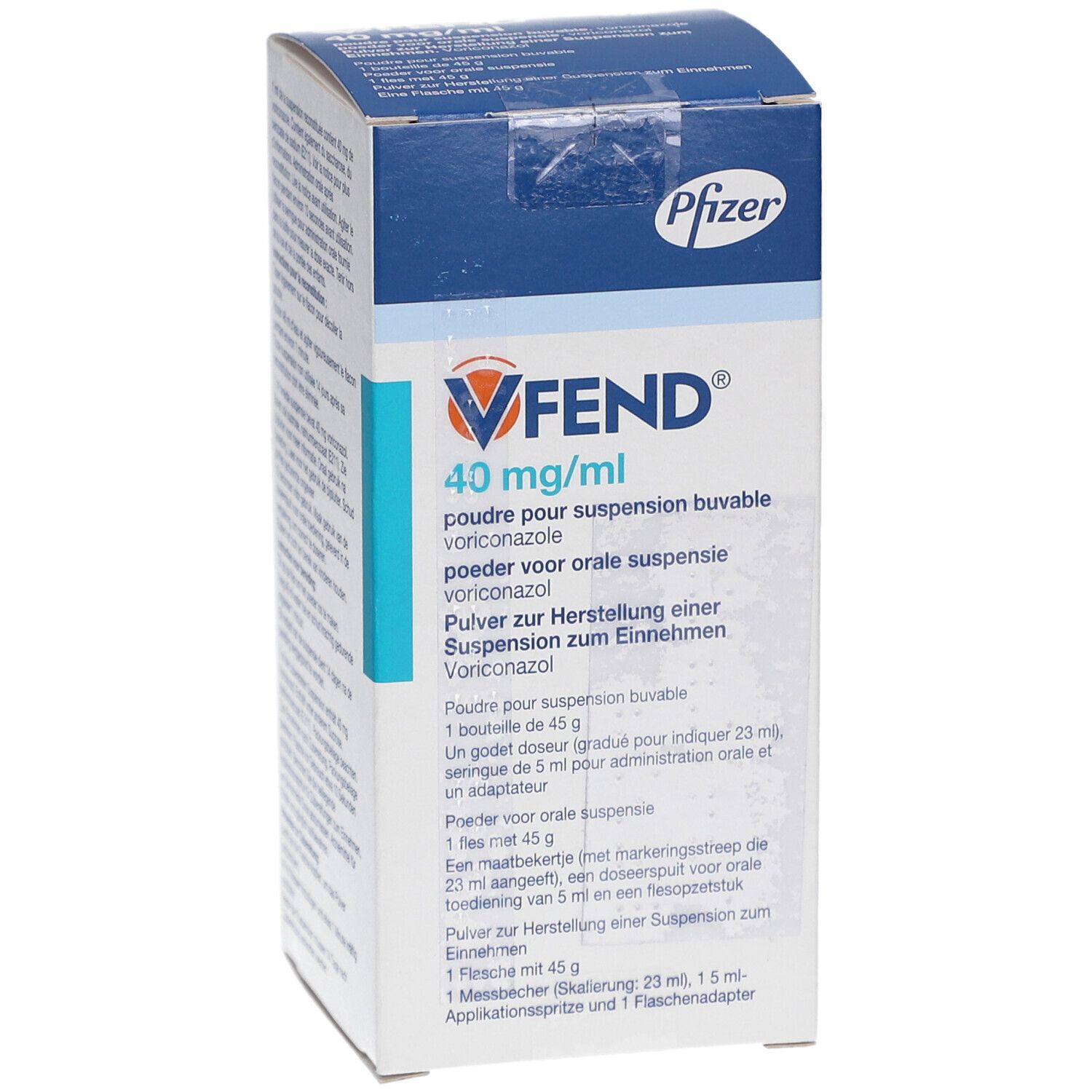 VFEND 40 mg/ml Pulver zur Herstellung einer Suspension zum Einnehmen. Weiße Faltschachtel mit blauer Schrift und Pfizer-Logo.