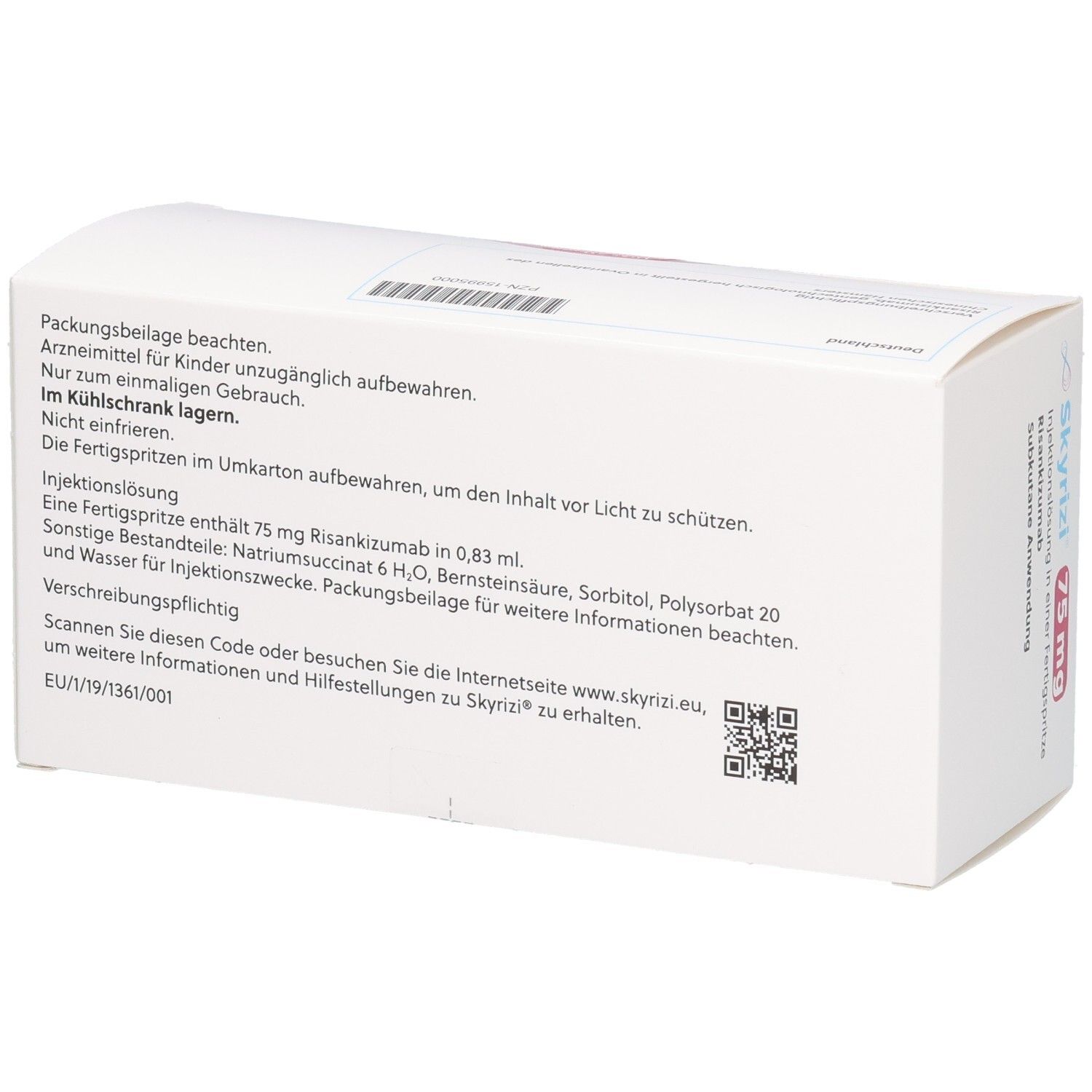 Rückseite der Skyrizi 75 mg Fertigspritzen-Packung mit Anwendungshinweisen und Herstellerinformationen.