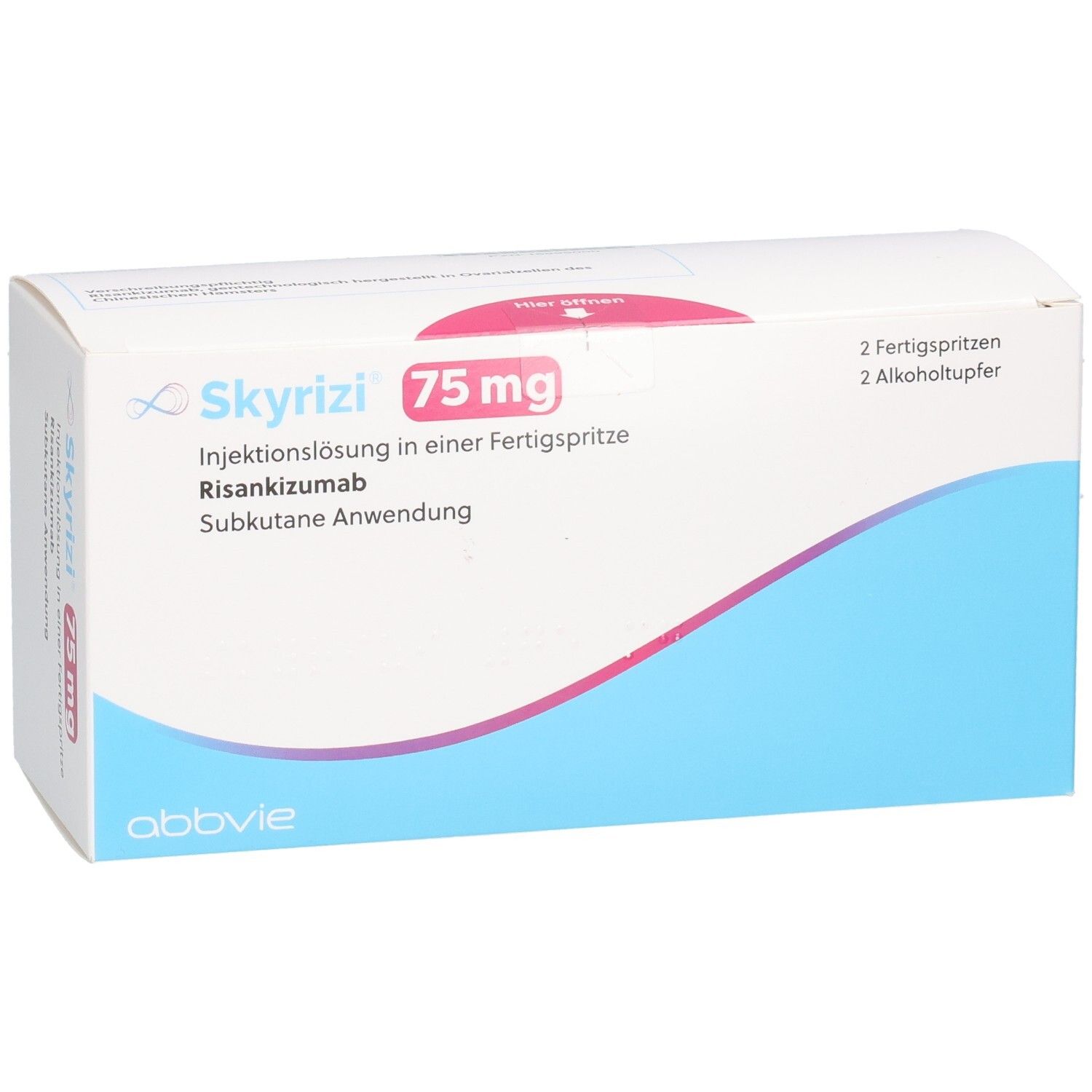 Skyrizi 75 mg Fertigspritzen-Packung mit Risankizumab zur subkutanen Anwendung.
