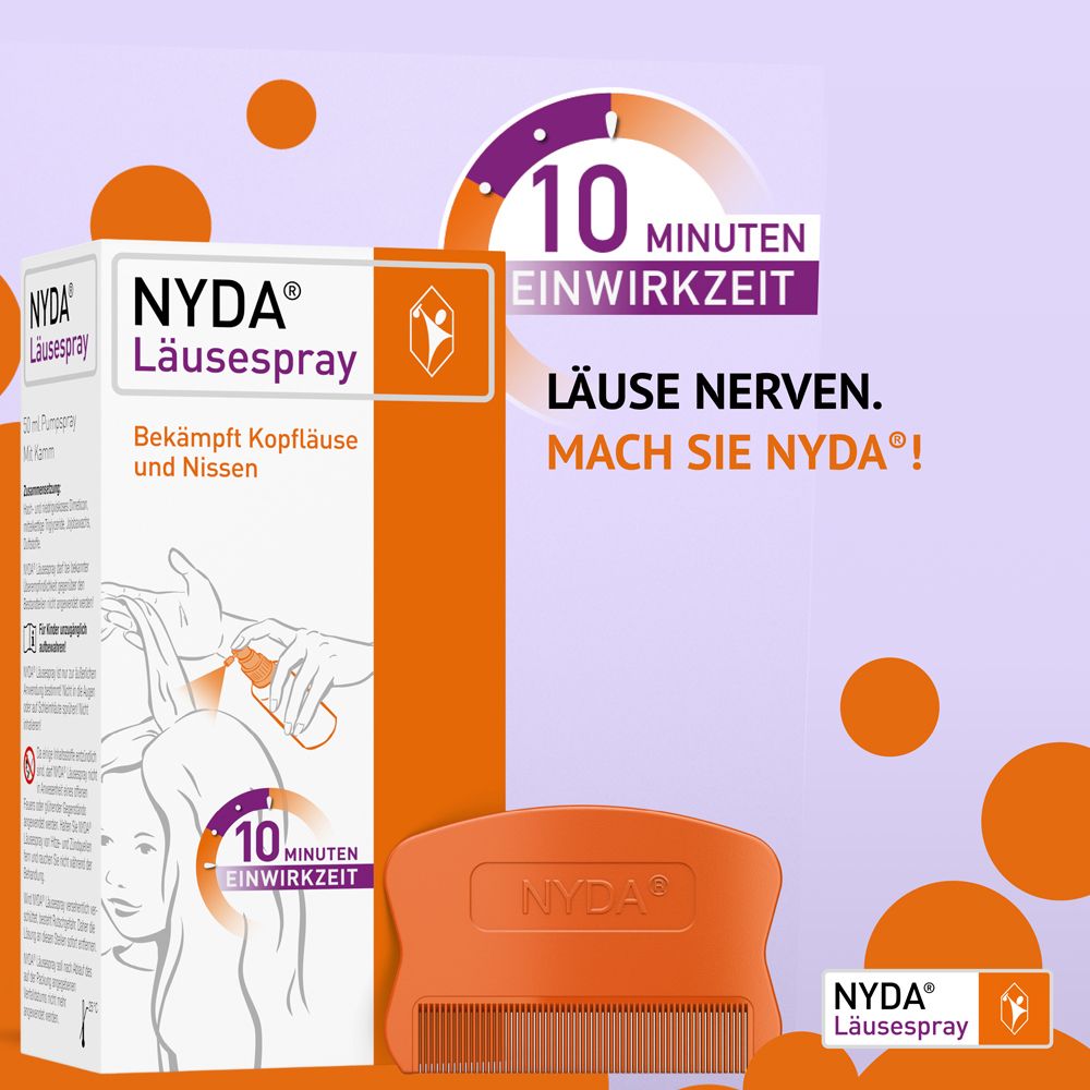 NYDA® Läusespray-Verpackung mit Läusekamm und 10-Minuten-Einwirkzeit-Symbol.