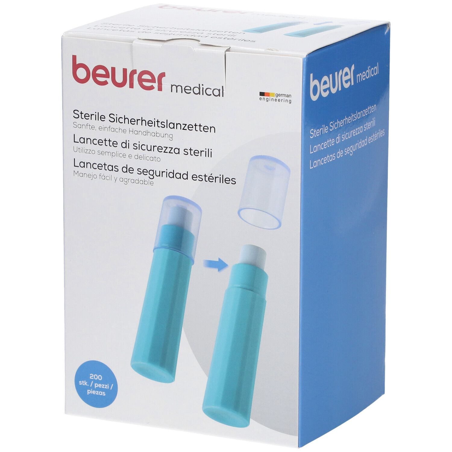 Beurer Sicherheitslanzetten 28 G, 200 Stück. Sterile Einweglanzetten in Hellblau.