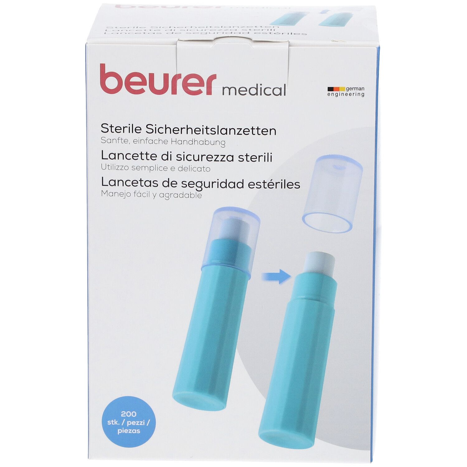 Beurer Sicherheitslanzetten 28 G, 200 Stück. Hellblaue sterile Lanzetten, Verpackung.