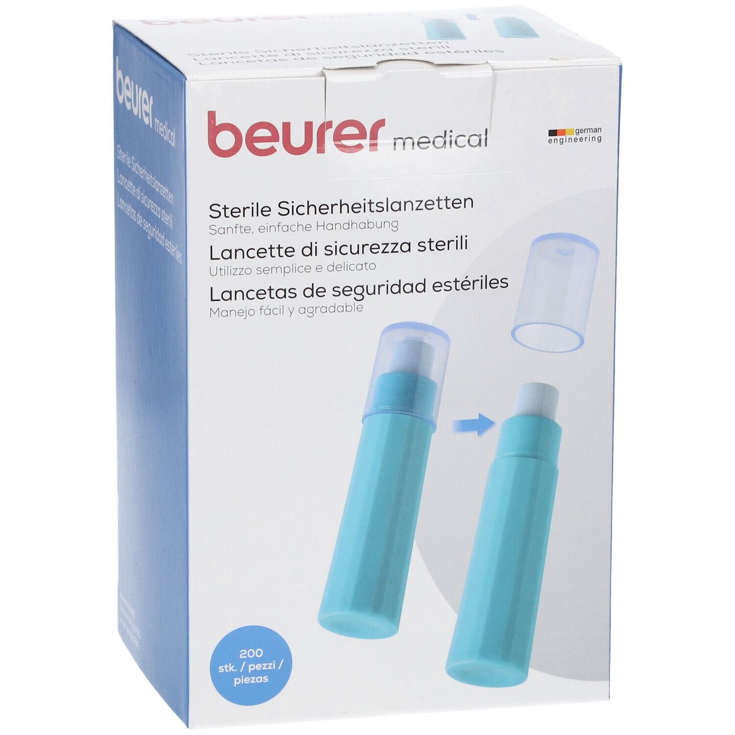 Beurer Sicherheitslanzetten 28 G, 200 Stück. Sterile Lanzetten, hellblau.