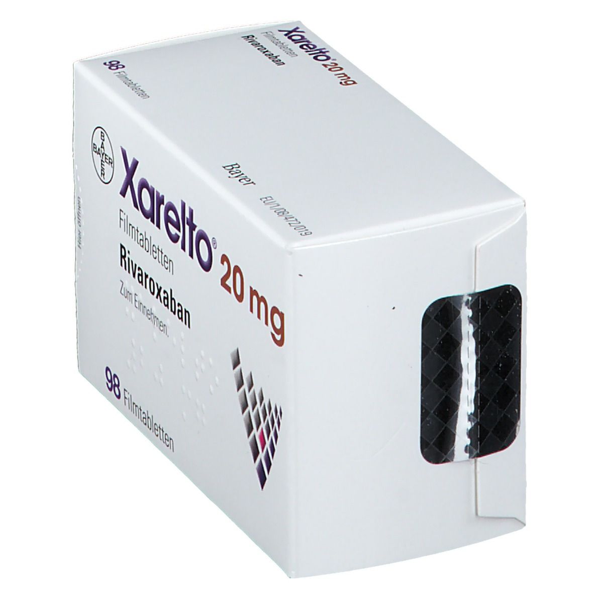 Xarelto 20 mg Packung. 98 Filmtabletten. Bayer Logo. Aufschrift: Rivaroxaban, Zum Einnehmen. Ansicht schräg.