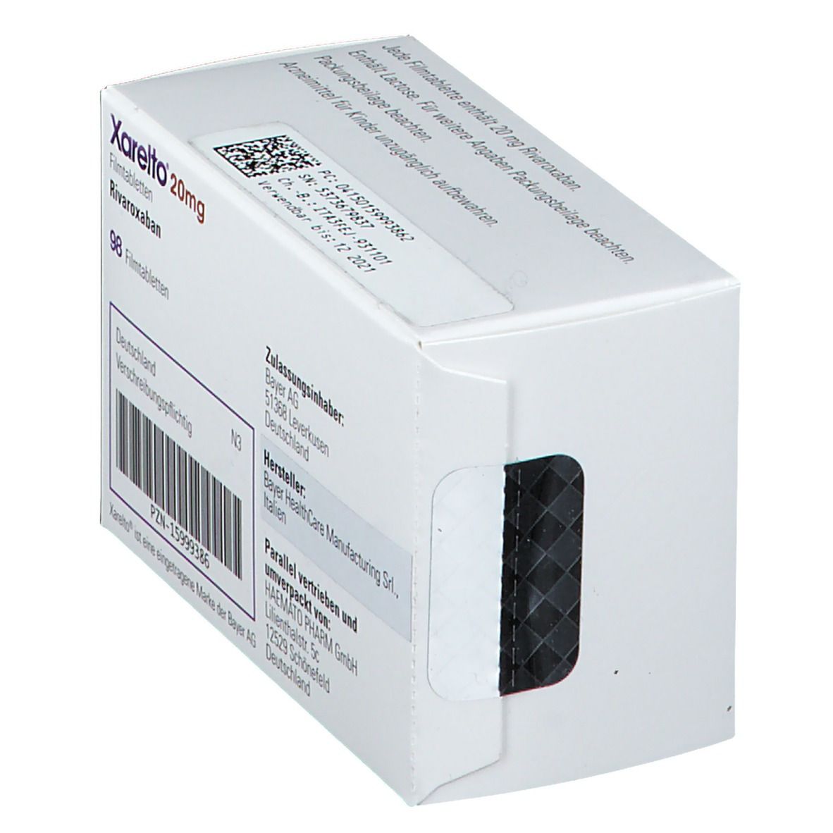 Xarelto 20 mg Packung. 98 Filmtabletten. Aufschrift: Rivaroxaban. Hersteller Bayer. Ansicht schräg.