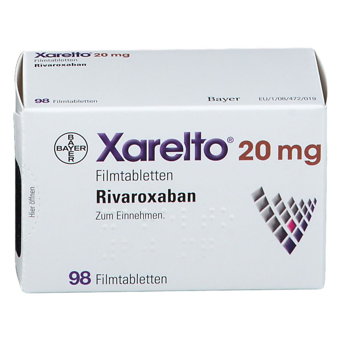 Xarelto 20 mg Packung. 98 Filmtabletten. Bayer Logo. Aufschrift: Rivaroxaban, Zum Einnehmen.