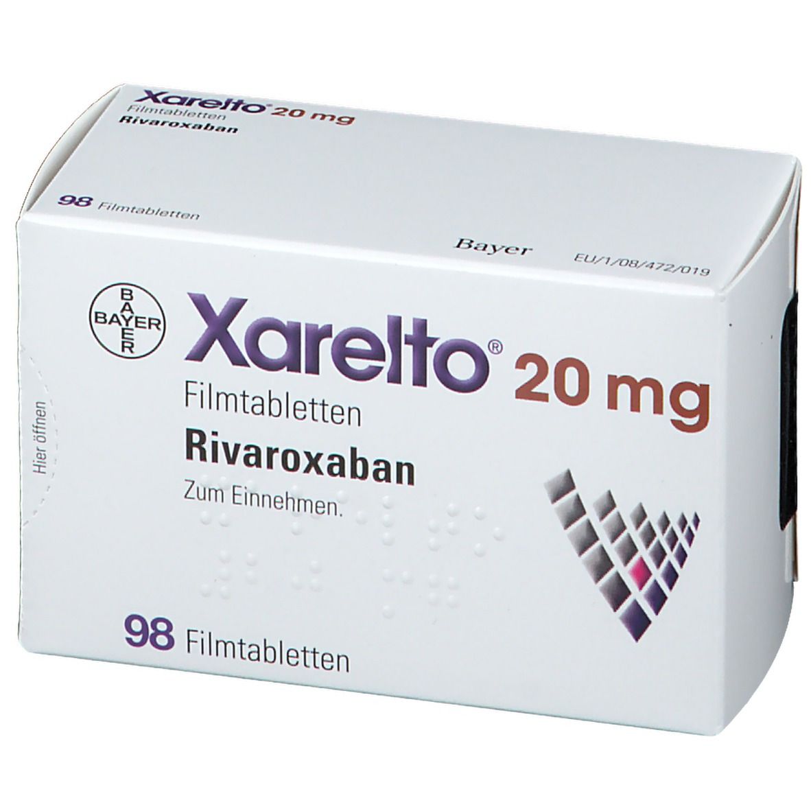 Xarelto 20 mg Packung. 98 Filmtabletten. Bayer Logo. Aufschrift: Rivaroxaban, Zum Einnehmen. Ansicht schräg.