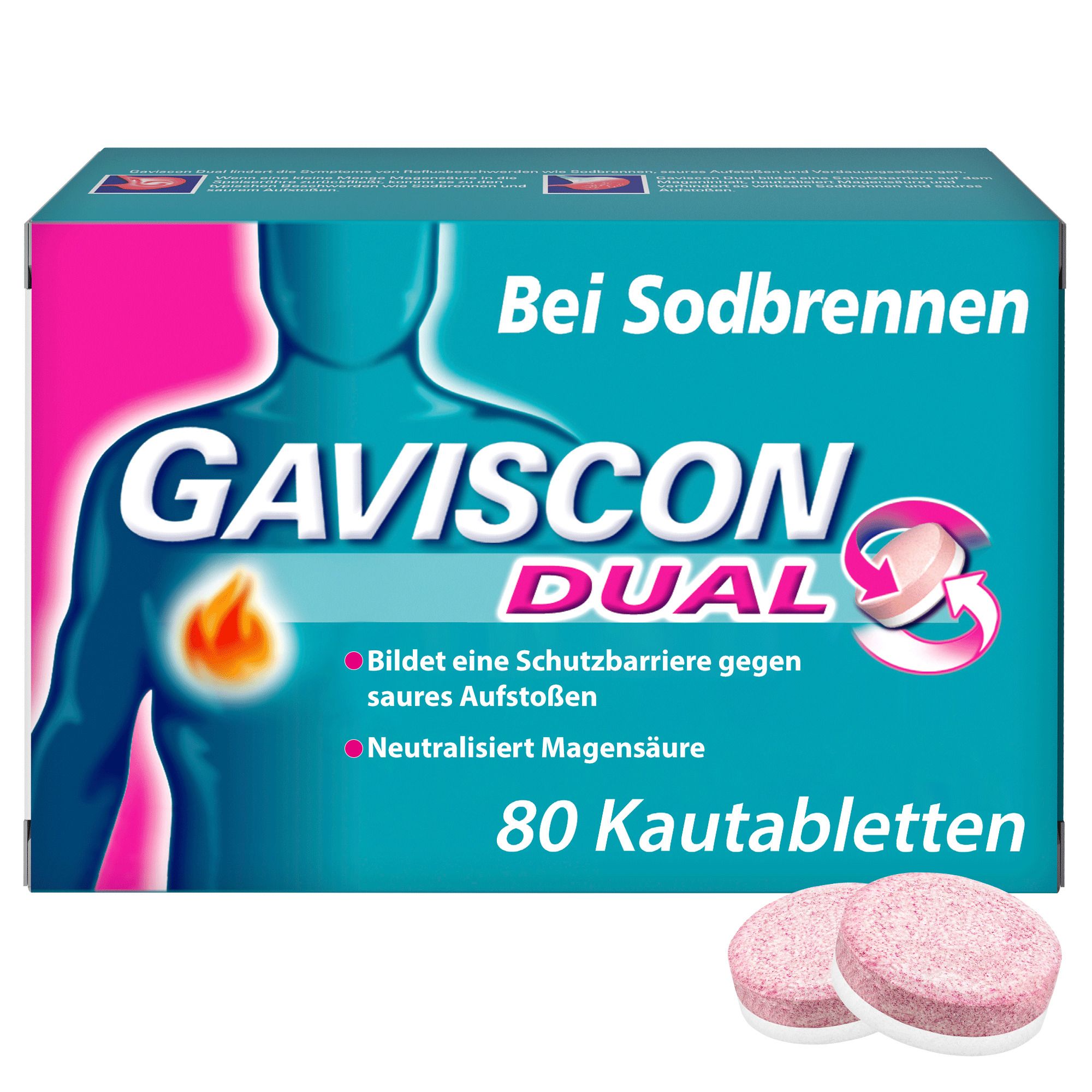 Gaviscon® Dual 250 mg / 106,5 mg / 187,5 mg Kautabletten bei Sodbrennen & Magendruck 80 St Kautabletten