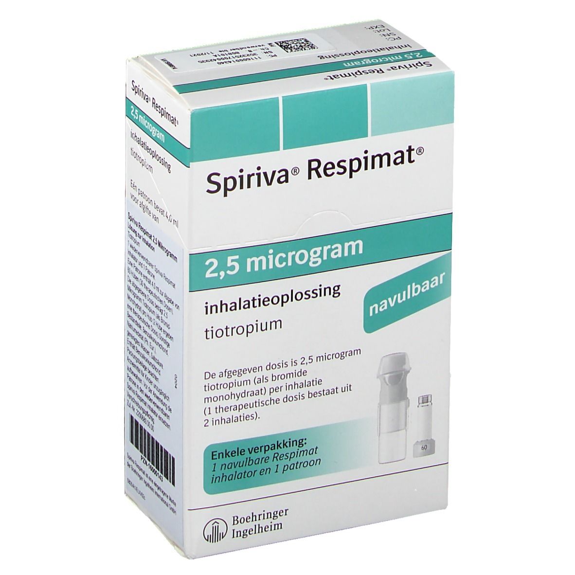 Schachtel mit Spiriva Respimat 2,5 Mikrogramm. Enthält Inhalator und Patrone. Text in Deutsch und Niederländisch.
