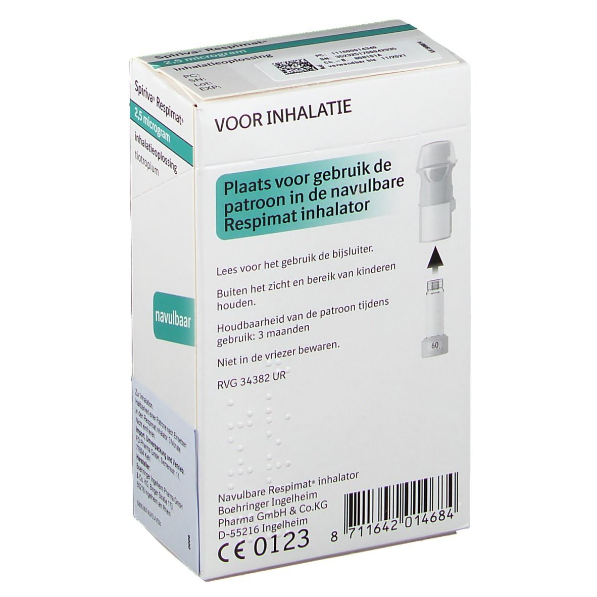 Rückseite der Spiriva Respimat 2,5 Mikrogramm Packung. Text in Niederländisch. Inhalator-Abbildung.