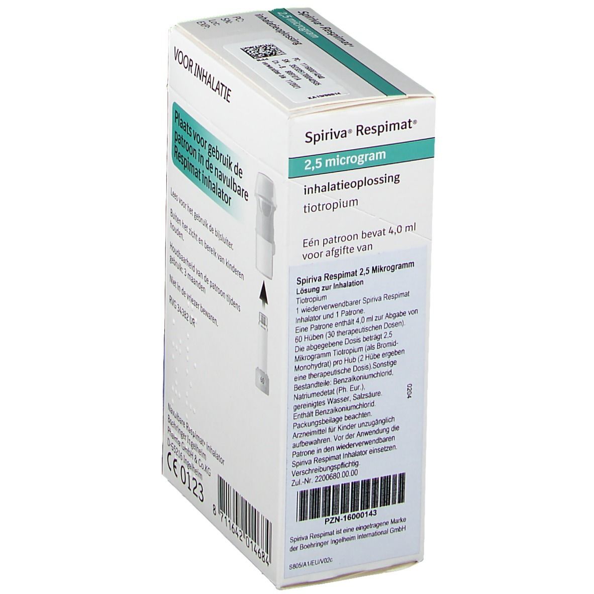 Packung Spiriva Respimat 2,5 Mikrogramm. Text in Niederländisch. Inhalator-Abbildung.