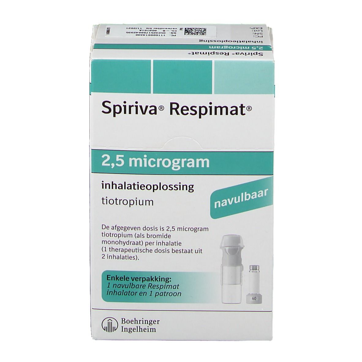 Schachtel Spiriva Respimat 2,5 Mikrogramm. Enthält Inhalator und Patrone. Text in Deutsch und Niederländisch.