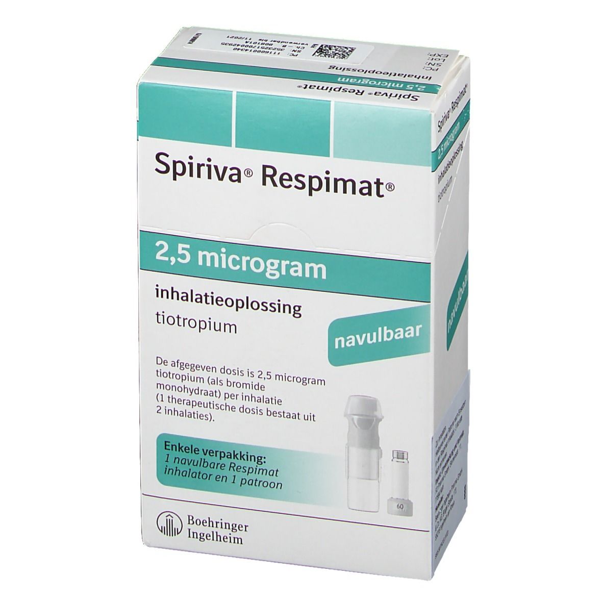 Schachtel Spiriva Respimat 2,5 Mikrogramm. Enthält Inhalator und Patrone. Text in Deutsch und Niederländisch.