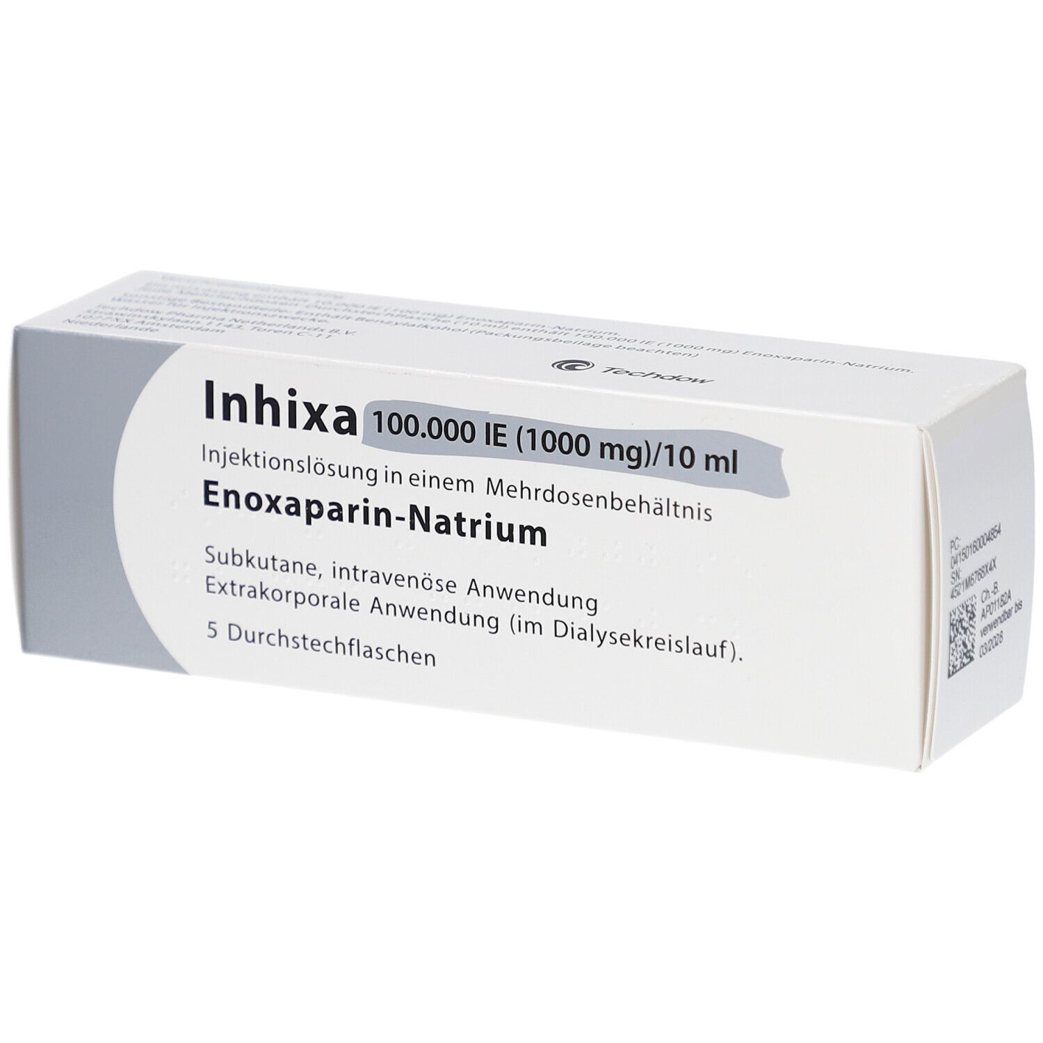 Schachtel mit Produktinformationen. Beschriftung: Inhixa 100.000 IE (1000 mg)/10 ml. Enoxaparin-Natrium. 5 Durchstechflaschen.