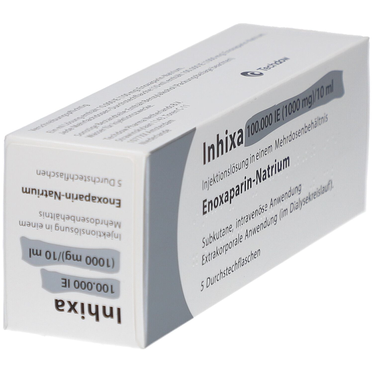 Schachtel, schräg von vorne. Beschriftung: Inhixa 100.000 IE (1000 mg)/10 ml. Enoxaparin-Natrium. 5 Durchstechflaschen.