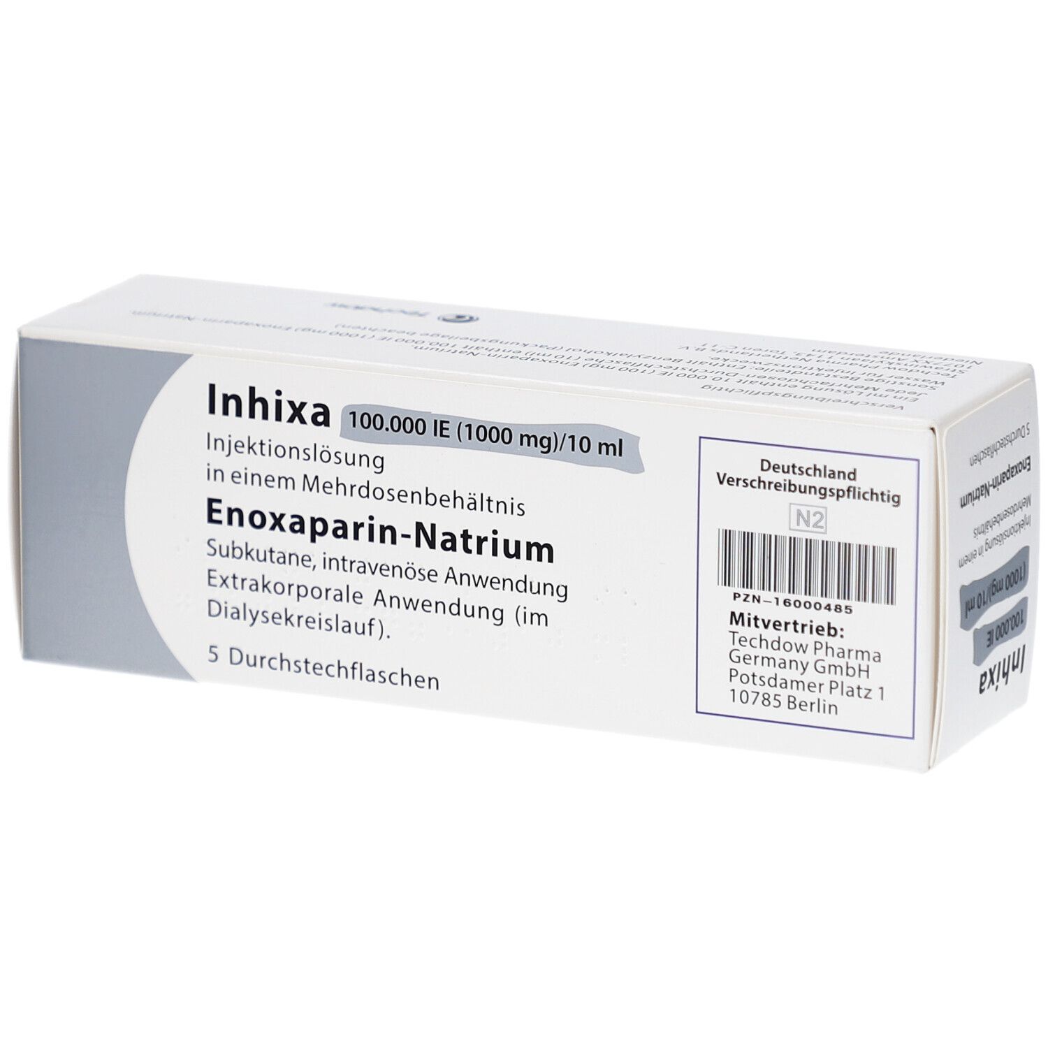 Schachtel mit Produktinformationen. Beschriftung: Inhixa 100.000 IE (1000 mg)/10 ml. Enoxaparin-Natrium. 5 Durchstechflaschen.