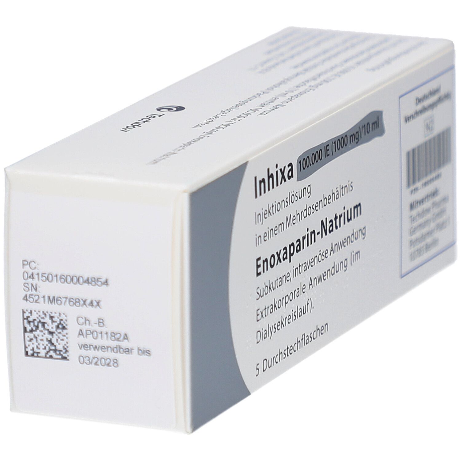 Schachtel mit Produktinformationen. Beschriftung: Inhixa 100.000 IE (1000 mg)/10 ml. Enoxaparin-Natrium. 5 Durchstechflaschen.