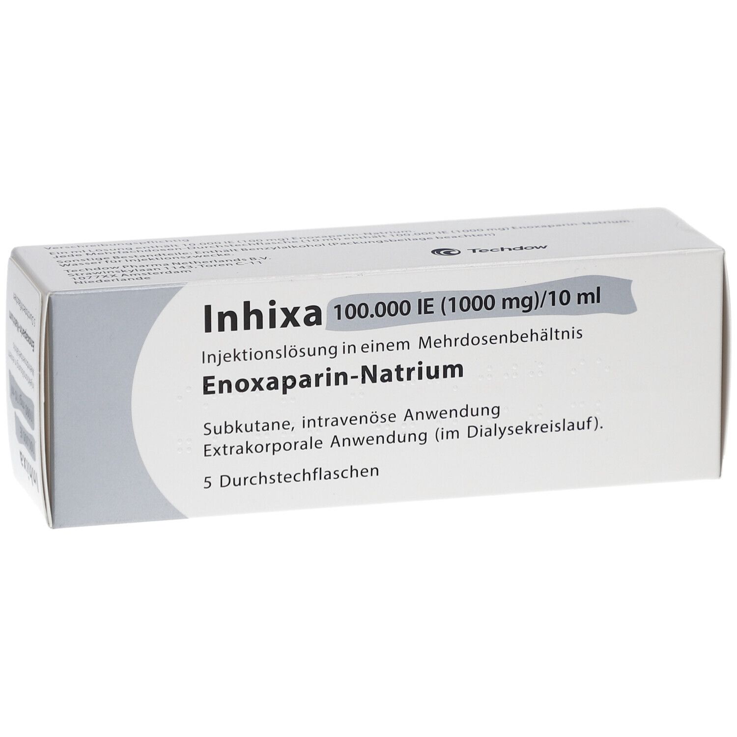 Schachtel mit Produktinformationen. Beschriftung: Inhixa 100.000 IE (1000 mg)/10 ml. Enoxaparin-Natrium. 5 Durchstechflaschen.