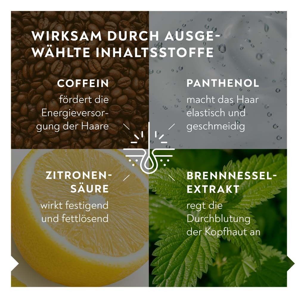 Text: Wirkstoffe: Coffein, Panthenol, Zitronensäure, Brennnesselextrakt. Fördert die Energieversorgung der Haare. Wirkt festigend.