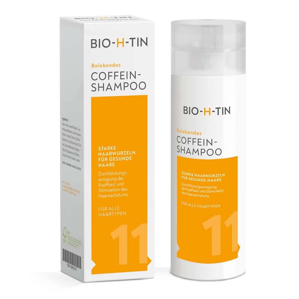 BIO-H-TIN Coffein-Shampoo. Flasche und Verpackung. Text: Für gesunde Haare. Für alle Haartypen. Dermatologisch getestet.