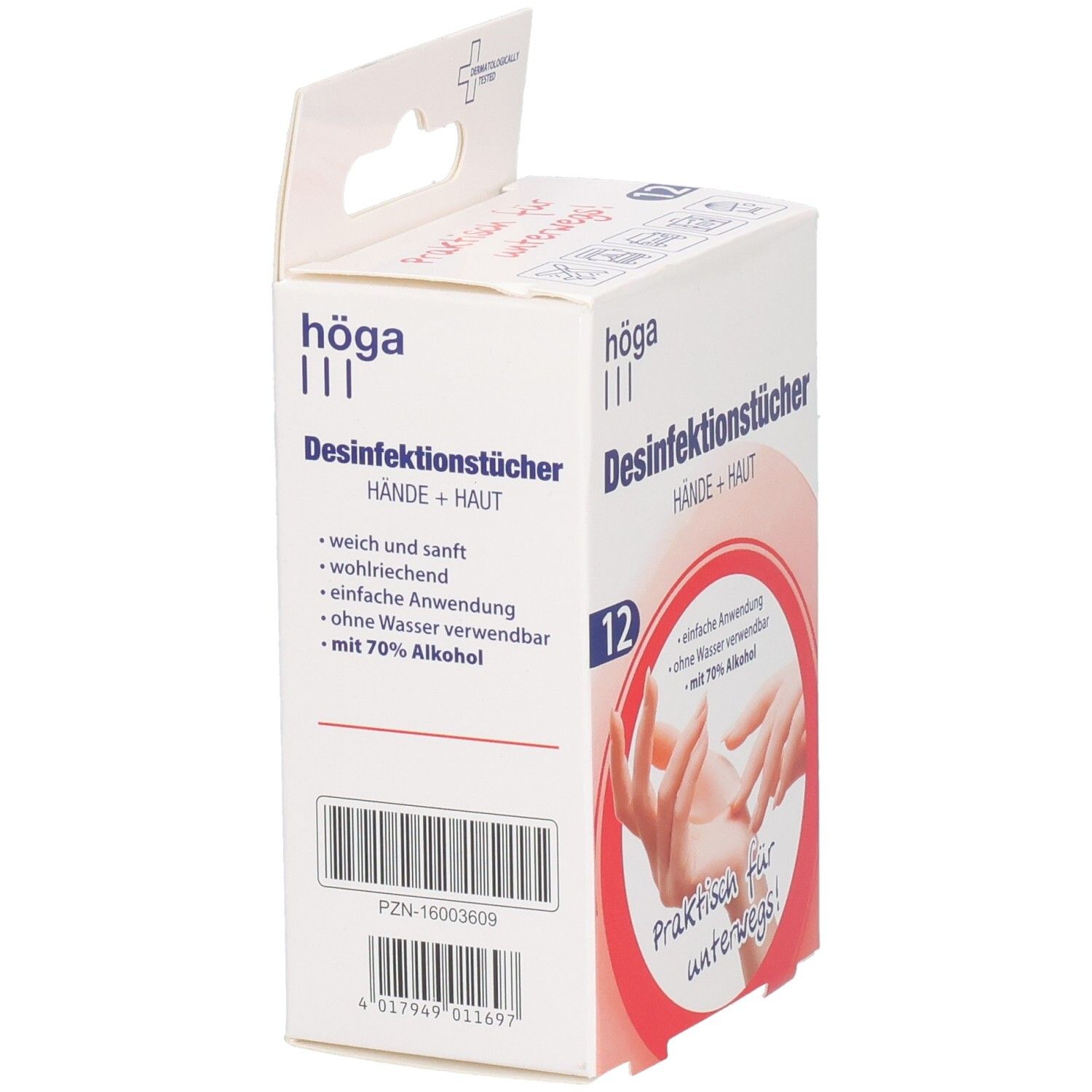 Verpackung mit Desinfektionstücher für Hände und Haut. 12 Tücher. Barcode und Produktinformationen auf der Verpackung.