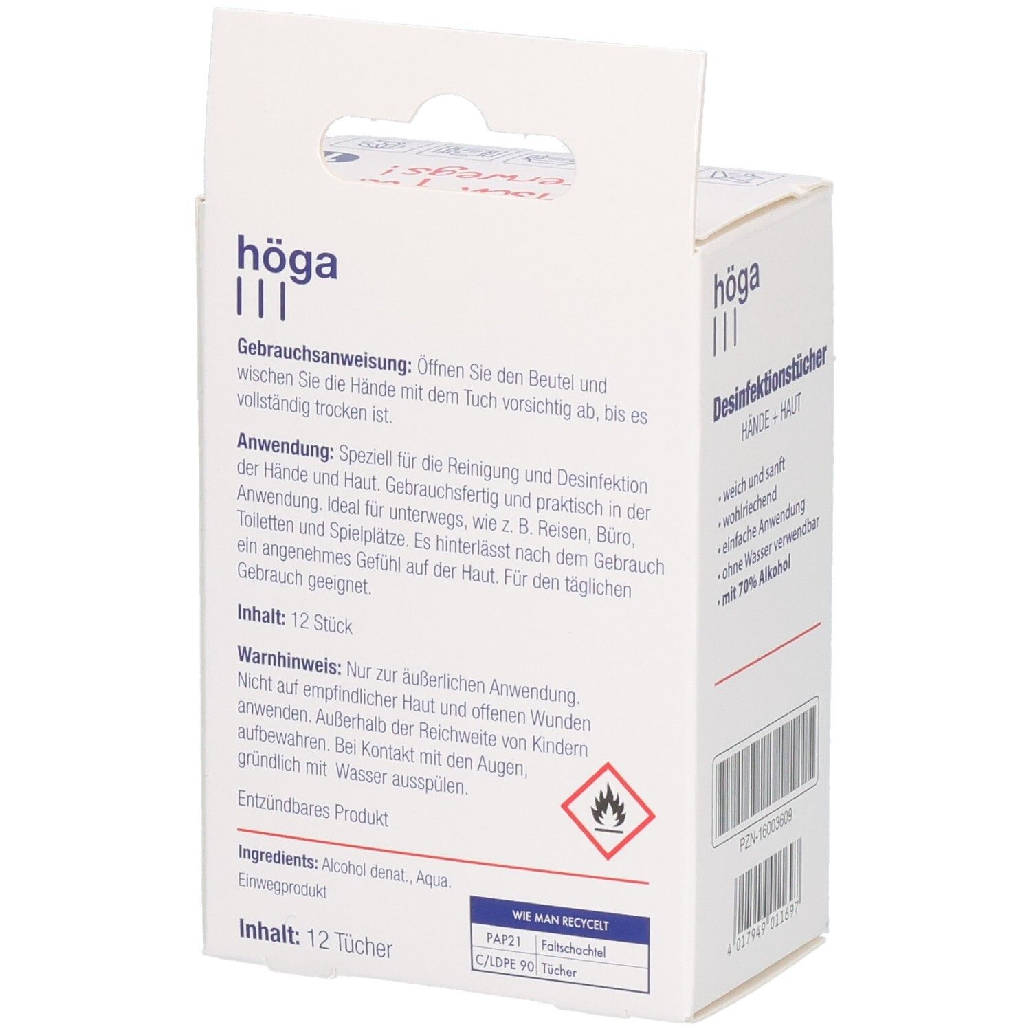 Rückseite der Verpackung mit Desinfektionstücher. Gebrauchsanweisung, Anwendungshinweise und Inhaltsstoffe.