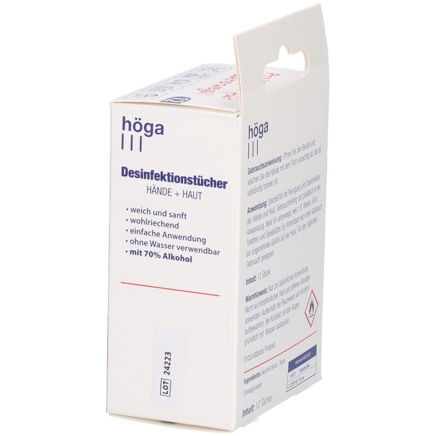Verpackung mit Desinfektionstücher für Hände und Haut. Produktinformationen und Chargennummer auf der Verpackung.