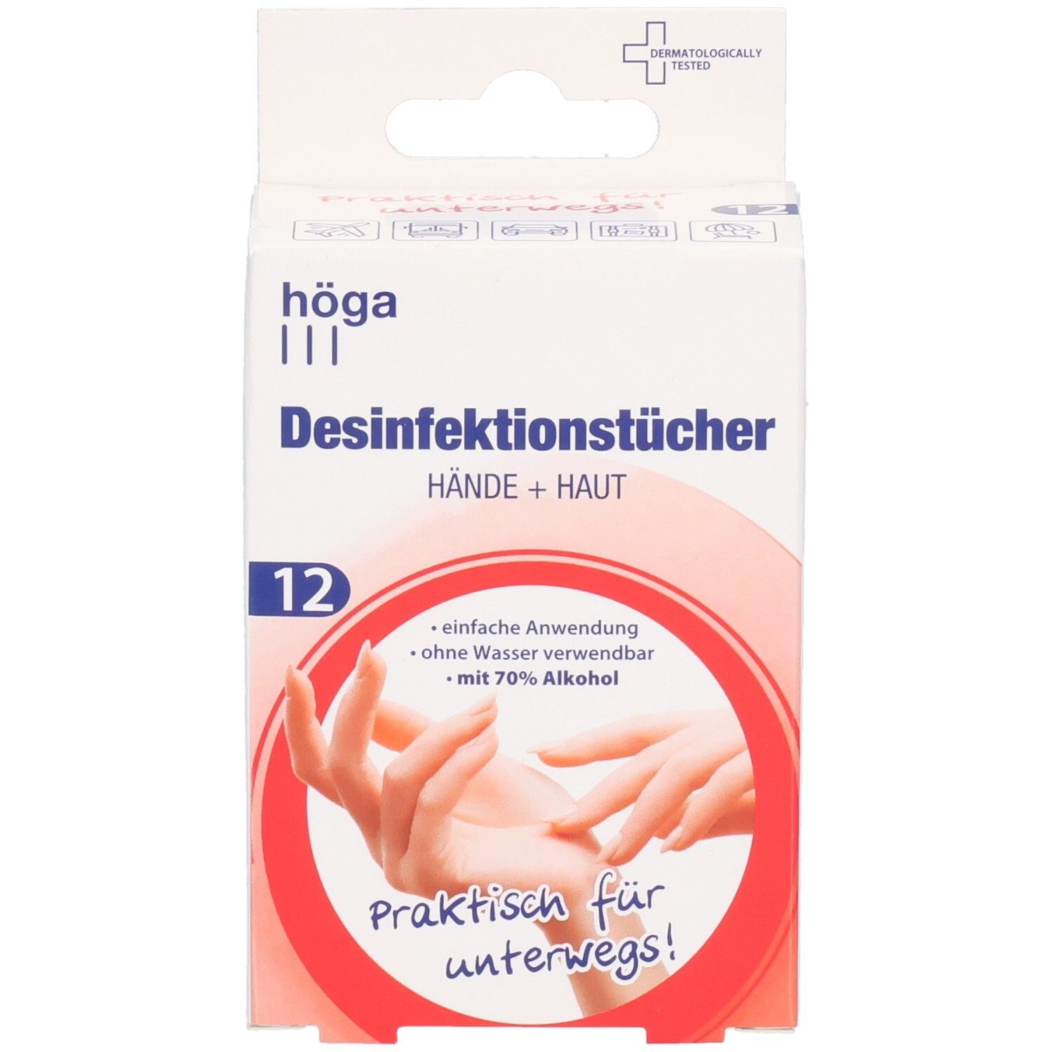 Verpackung mit Desinfektionstücher für Hände und Haut. 12 Tücher. Praktisch für unterwegs!