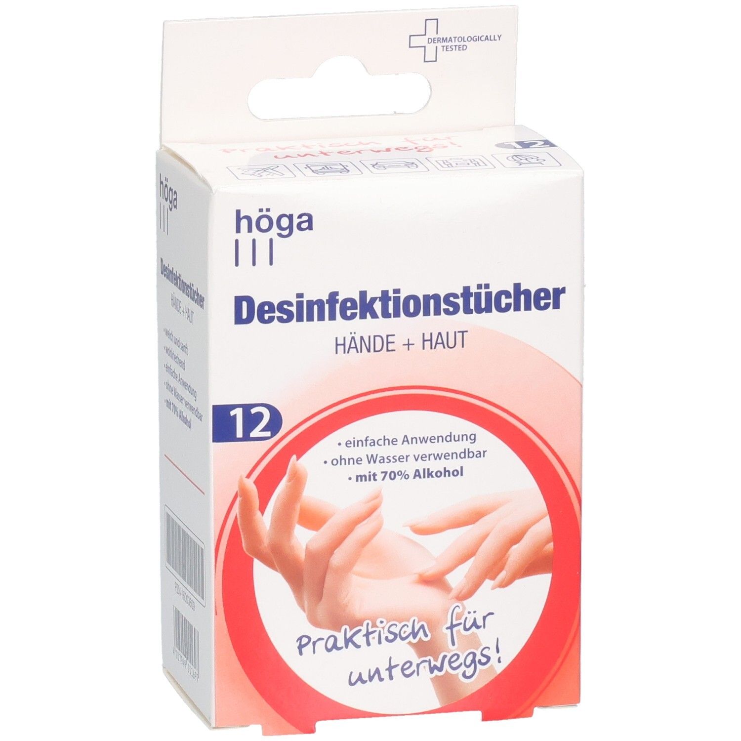 Verpackung mit Desinfektionstücher für Hände und Haut. 12 Tücher. Produktinformationen auf der Verpackung.