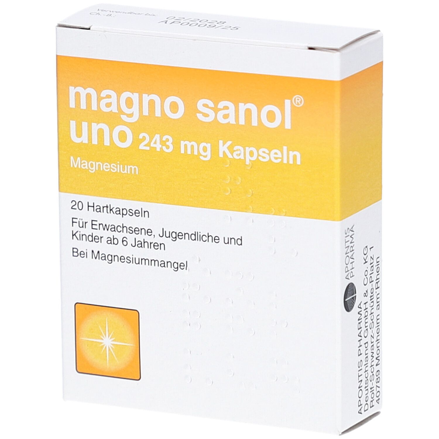 Weiß-gelbe Schachtel mit "magno sanol uno 243 mg Kapseln". Enthält 20 Hartkapseln. Magnesium-Nahrungsergänzungsmittel.