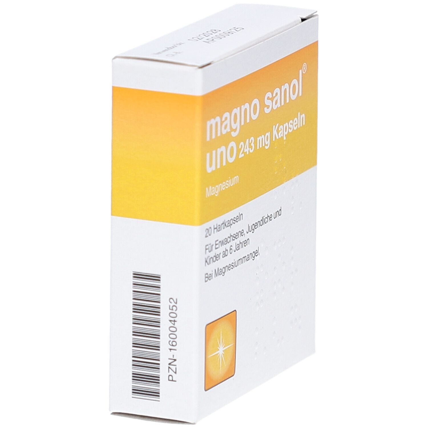 Schachtel "magno sanol uno 243 mg Kapseln" in Schrägansicht. Weiß-gelbe Farbgebung. Enthält 20 Hartkapseln. Magnesium-Nahrungsergänzungsmittel.
