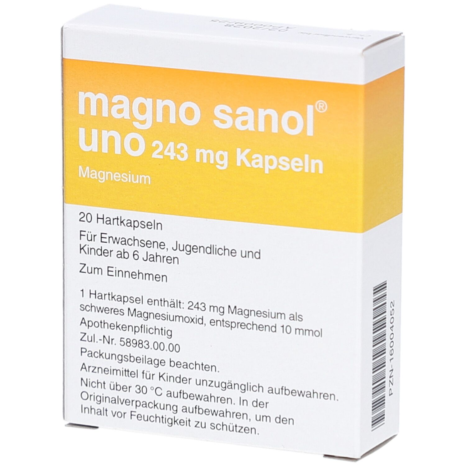 Weiß-gelbe Schachtel "magno sanol uno 243 mg Kapseln". Enthält 20 Hartkapseln. Text: 1 Hartkapsel enthält 243 mg Magnesium.