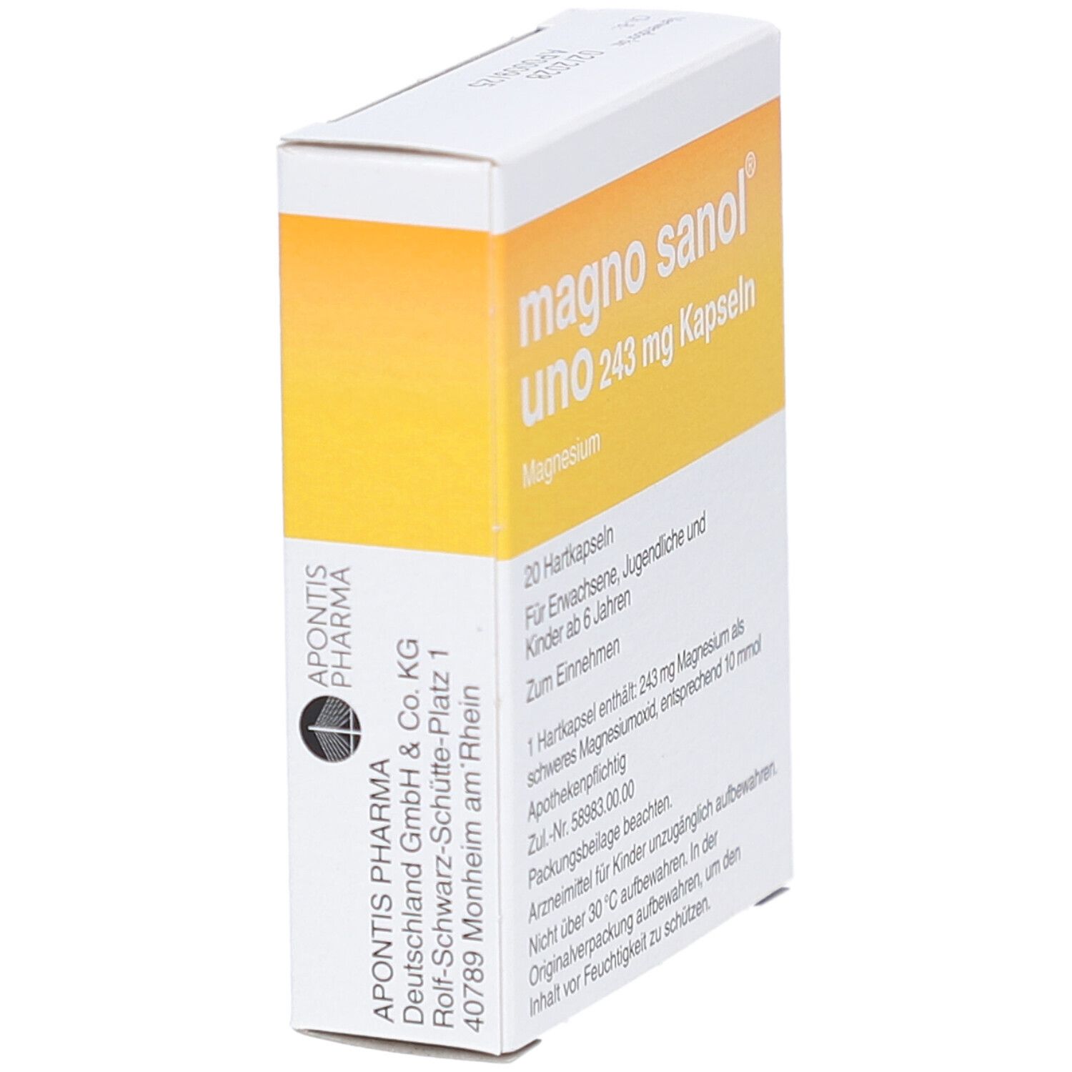 Schachtel "magno sanol uno 243 mg Kapseln" in Schrägansicht. Enthält 20 Hartkapseln. Text: 1 Hartkapsel enthält 243 mg Magnesium.