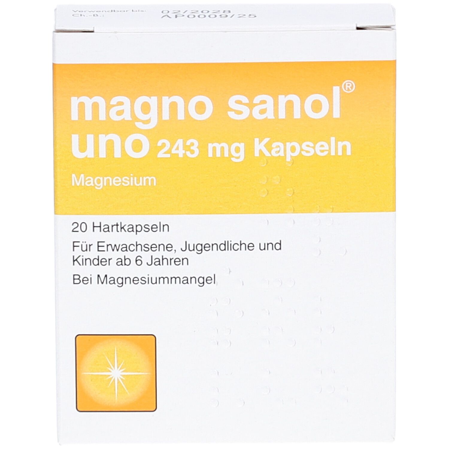 Weiß-gelbe Schachtel "magno sanol uno 243 mg Kapseln". Enthält 20 Hartkapseln. Magnesium-Nahrungsergänzungsmittel.