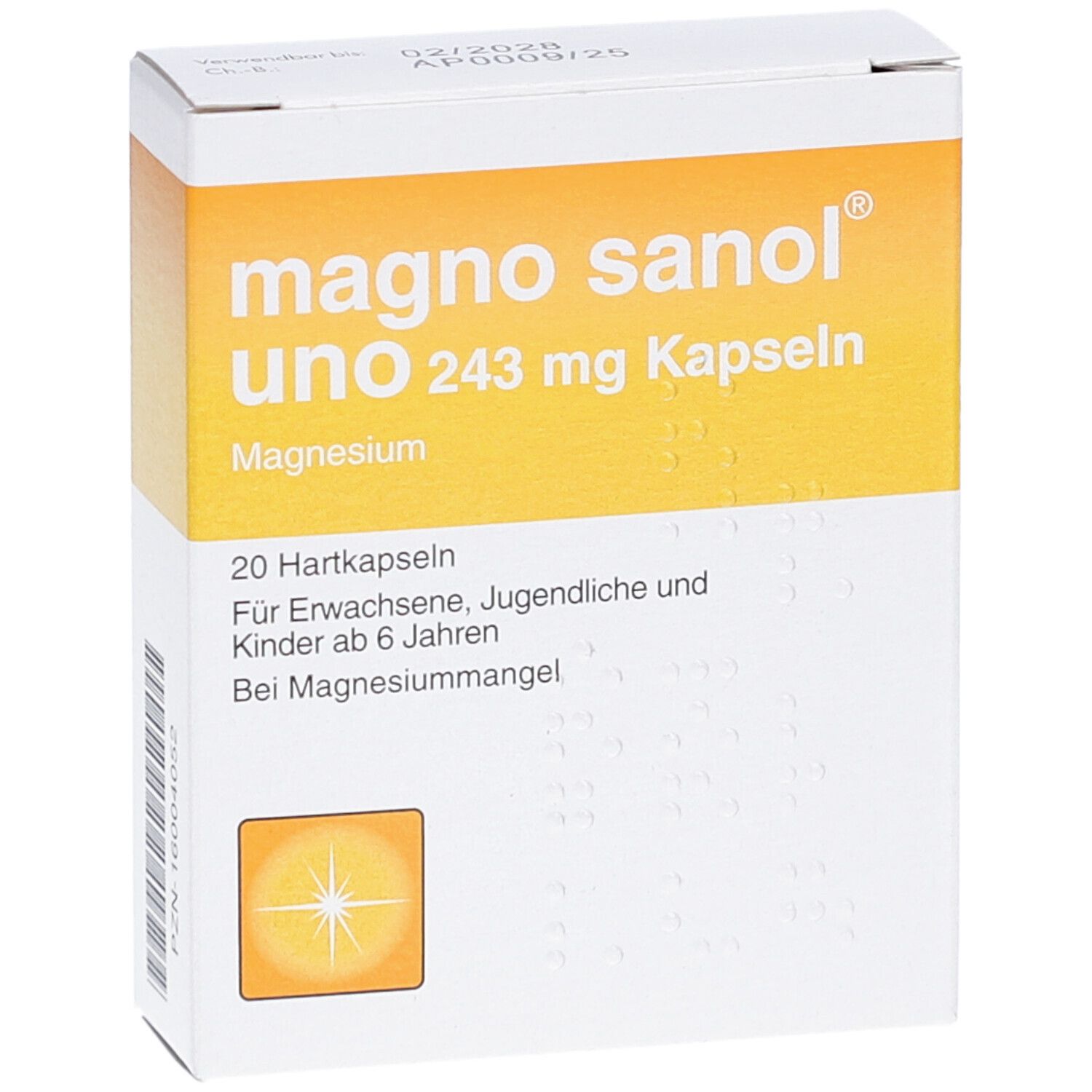 Weiß-gelbe Schachtel "magno sanol uno 243 mg Kapseln". Enthält 20 Hartkapseln. Magnesium-Nahrungsergänzungsmittel.