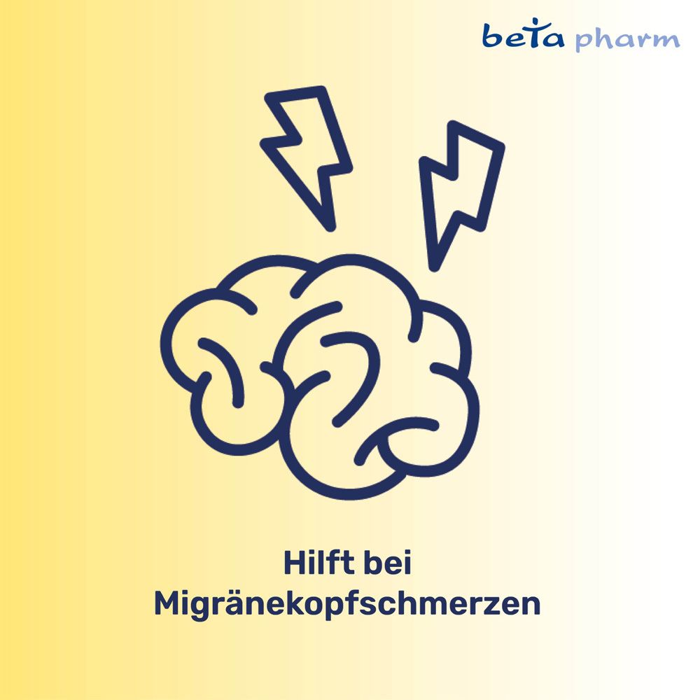 Grafik mit Gehirn und Blitzen. Text: Hilft bei Migränekopfschmerzen. Logo beta pharm.