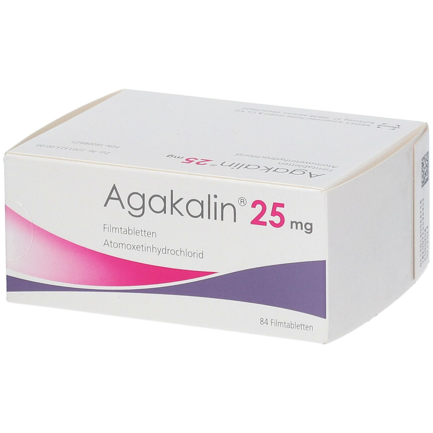 Schachtel mit Agakalin 25 mg Filmtabletten. Aufschrift: Atomoxetinhydrochlorid, 84 Filmtabletten.