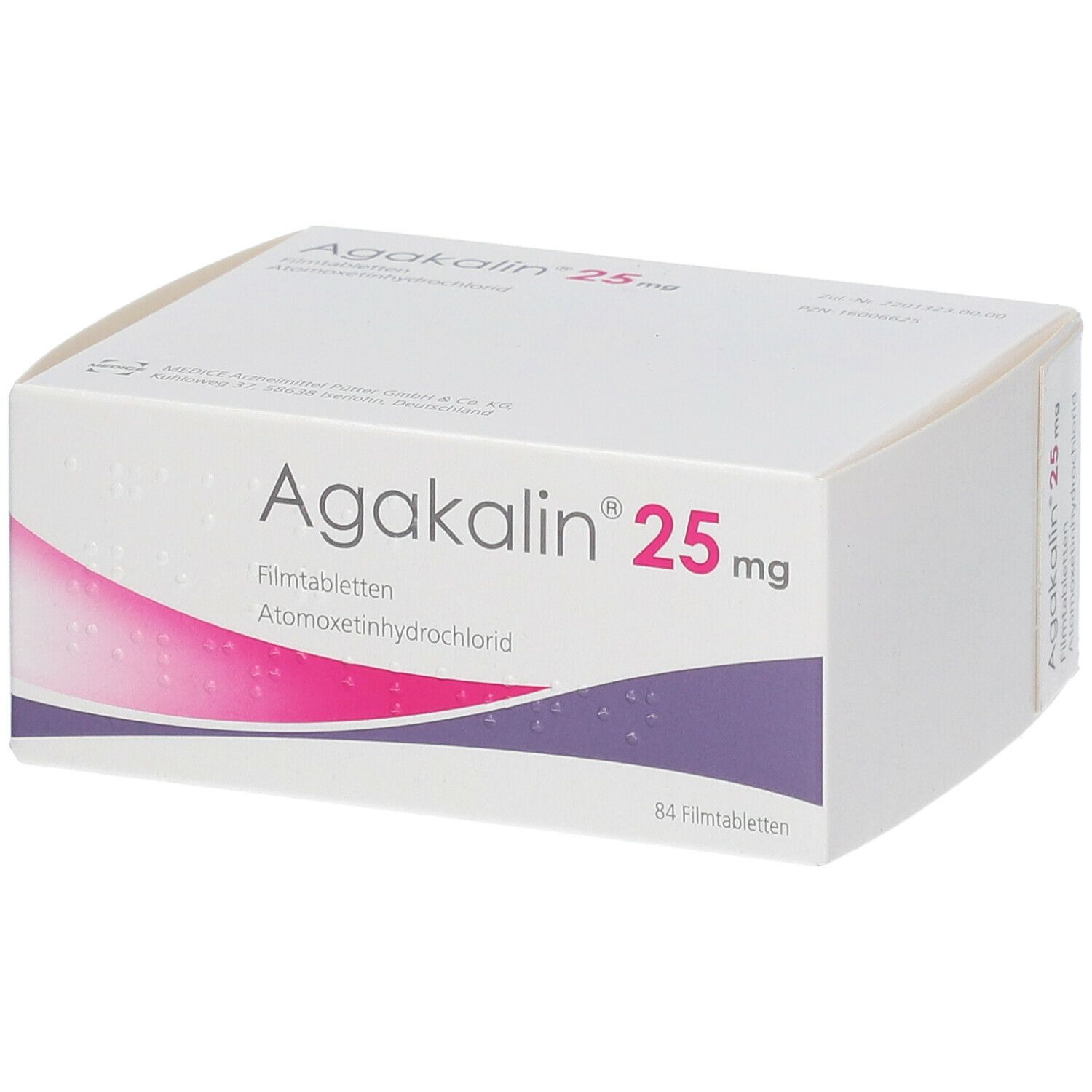 Schachtel mit Agakalin 25 mg Filmtabletten. Aufschrift: Atomoxetinhydrochlorid, 84 Filmtabletten.