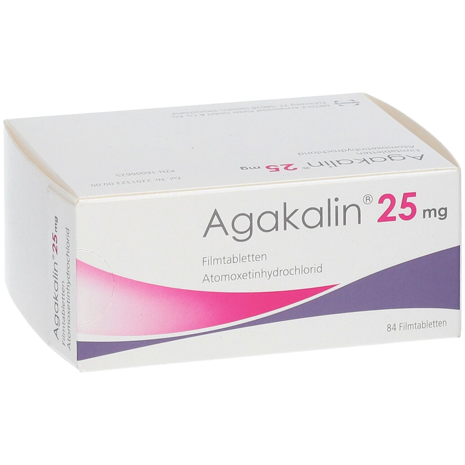 Schachtel mit Agakalin 25 mg Filmtabletten. Aufschrift: Atomoxetinhydrochlorid, 84 Filmtabletten.