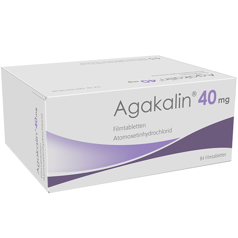 Schachtel Agakalin 40 mg Filmtabletten. Aufschrift: Atomoxetinhydrochlorid, 84 Filmtabletten. Lila Wellenmuster.