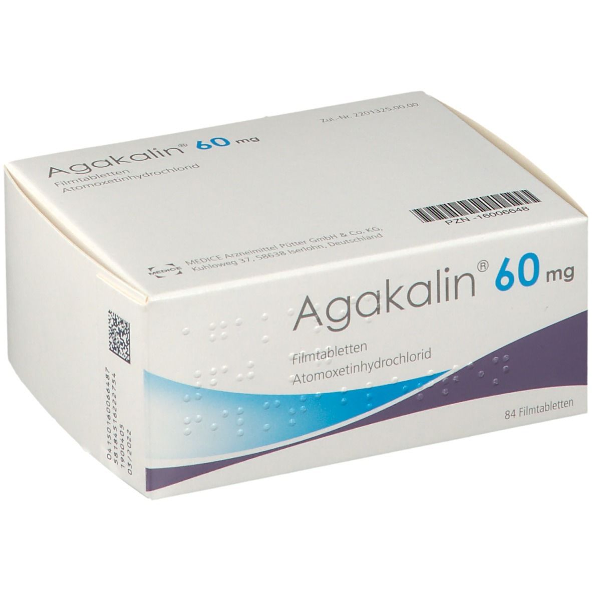 Schachtel Agakalin 60 mg. Blaue Schrift, weiße Verpackung. Enthält 84 Filmtabletten.