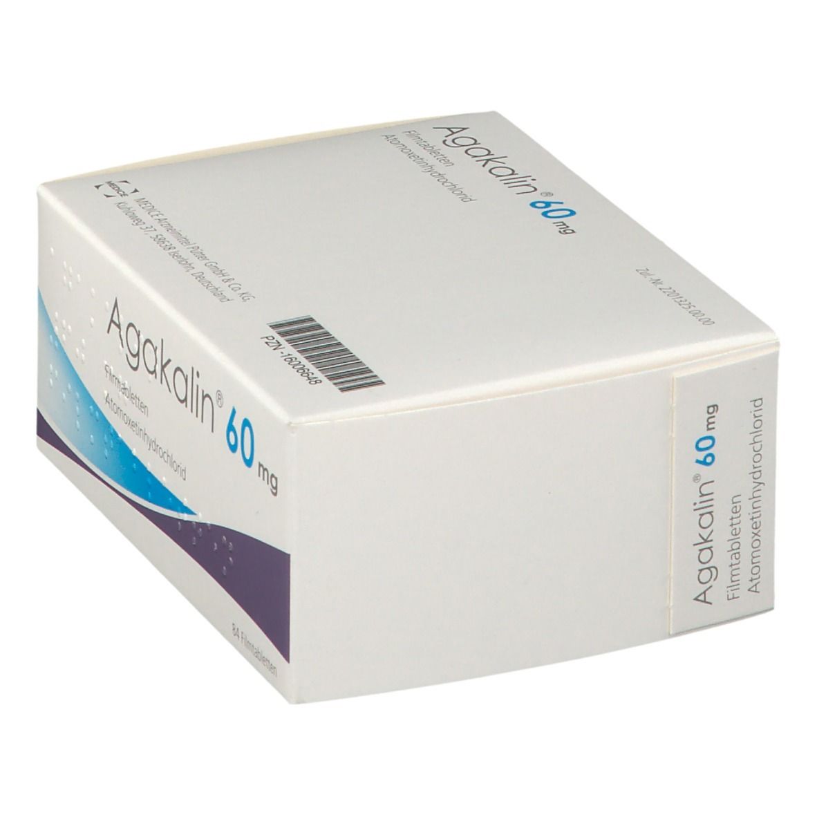 Schachtel Agakalin 60 mg. Weiße Verpackung mit blauer Schrift. Barcode und PZN-Nummer.