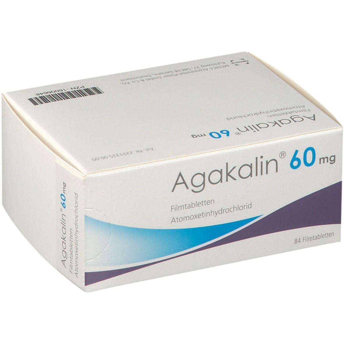 Schachtel Agakalin 60 mg. Weiße Verpackung mit blauer Schrift. Enthält 84 Filmtabletten.