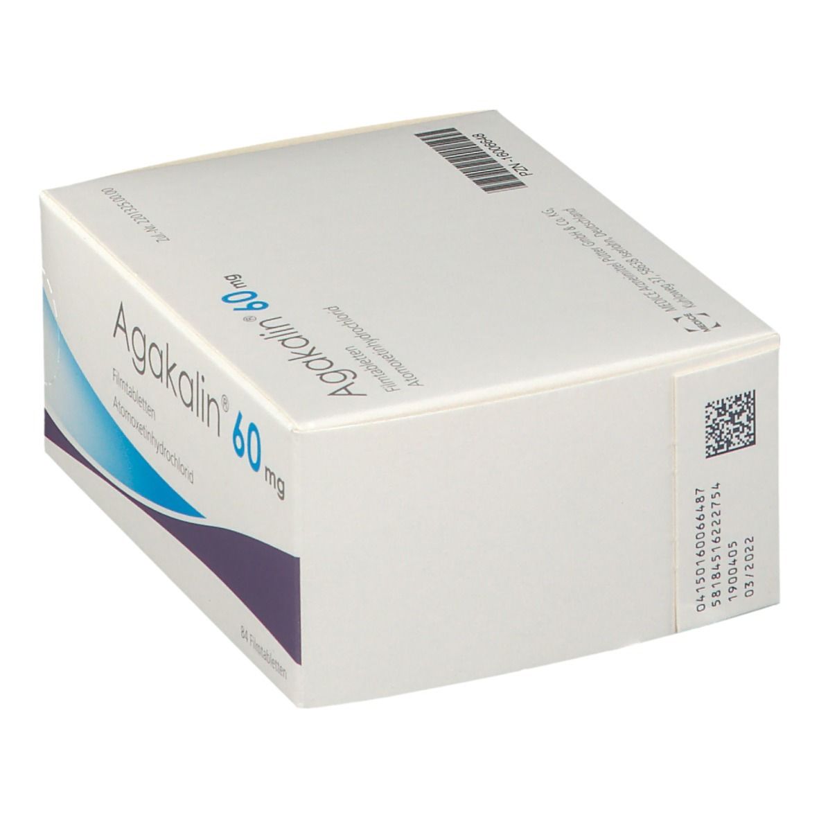 Schachtel Agakalin 60 mg. Weiße Verpackung, Barcode und Chargennummer. 60 Filmtabletten.