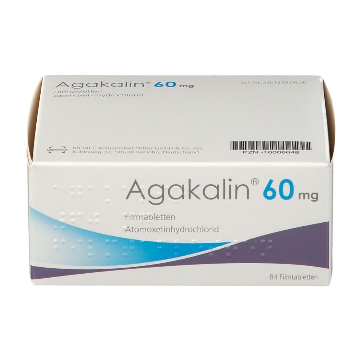 Schachtel Agakalin 60 mg. Weiße Verpackung mit blauen Wellen. Enthält 84 Filmtabletten.
