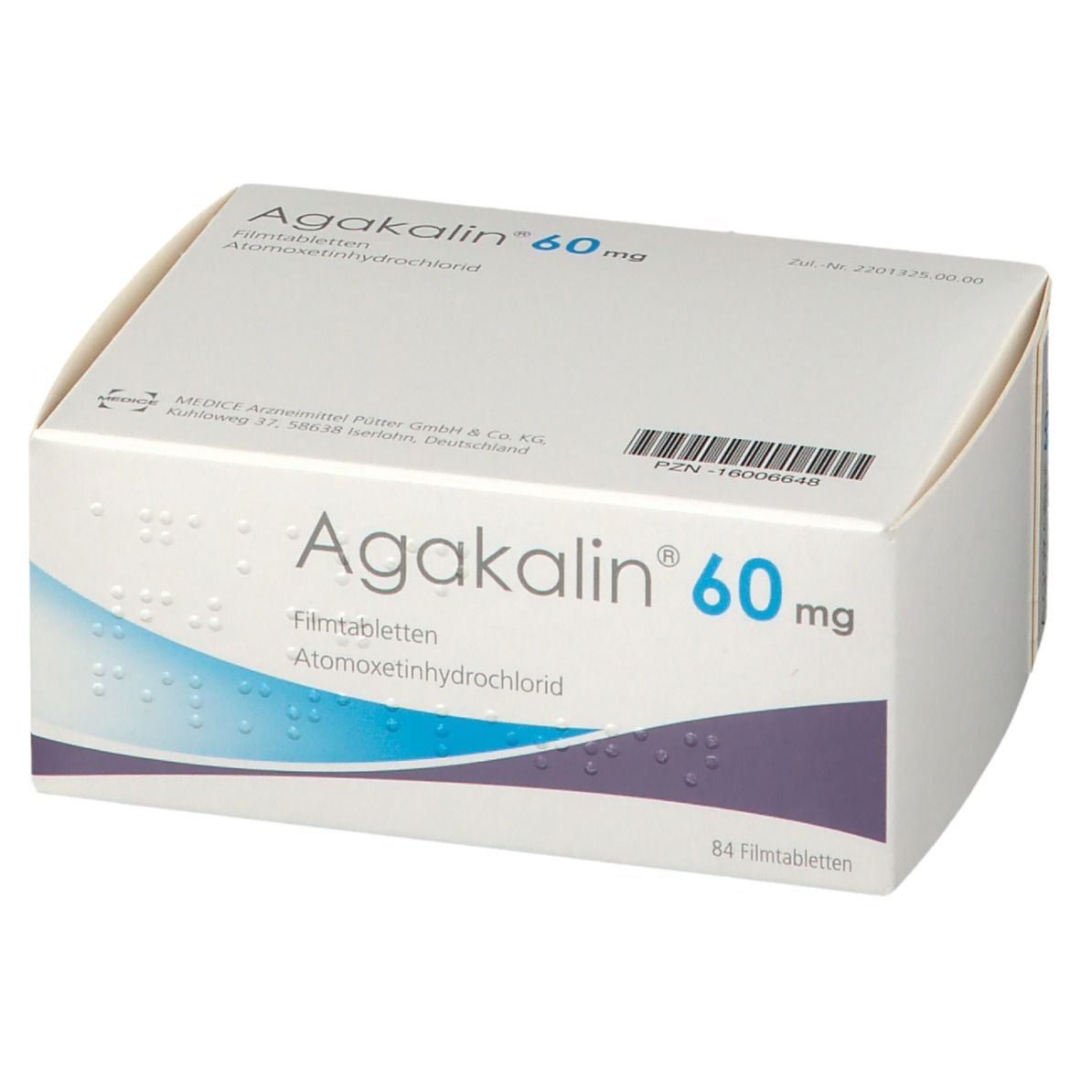 Schachtel Agakalin 60 mg. Weiße Verpackung mit blauen Wellen. Enthält 84 Filmtabletten.