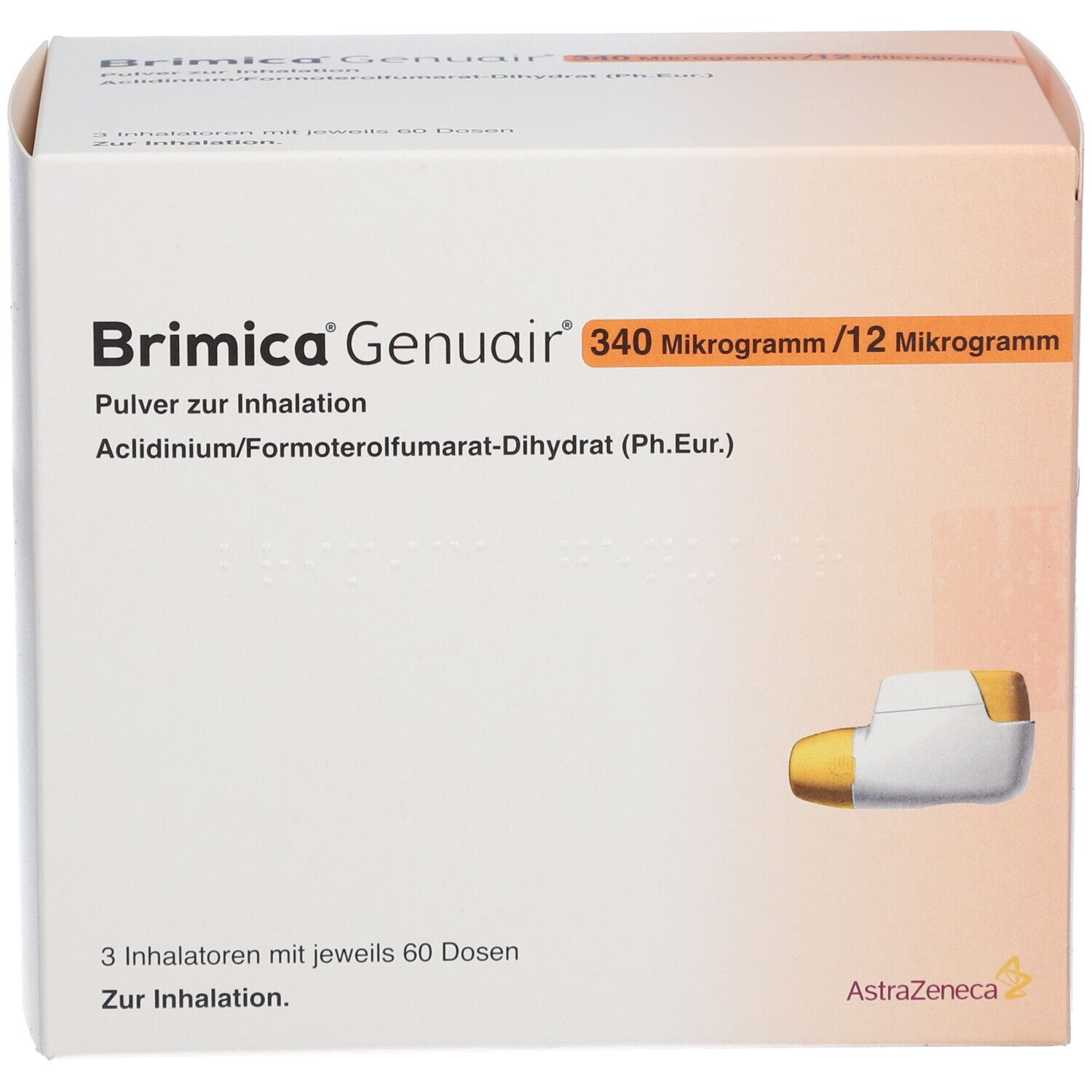 Karton Brimica Genuair, 340 µg/12 µg, Pulver zur Inhalation. Inhalator abgebildet. AstraZeneca Logo.