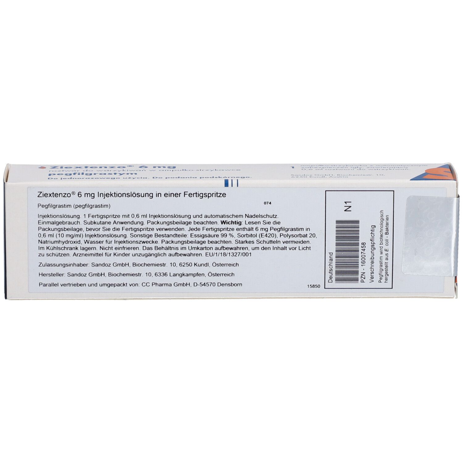 Karton mit Produktinformationen. Aufschrift: Zextenzo 6 mg Injektionslösung in einer Fertigspritze. Enthält Informationen zur Anwendung.